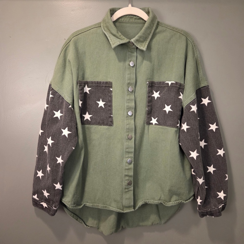 Women's Star Print Patchwork Oversized Denim Shacket Size L Green High Low